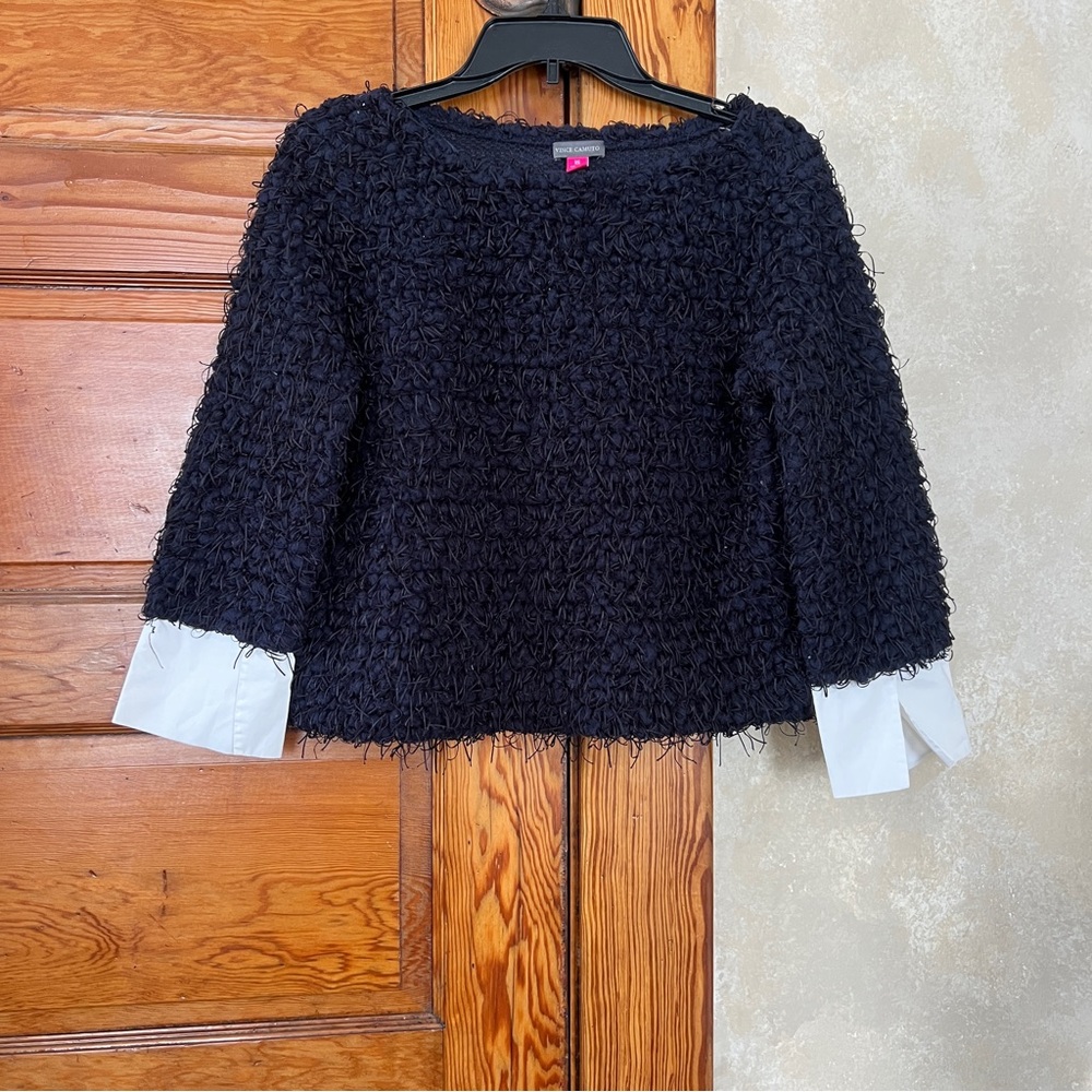 Vince Camino Women’s Navy Blue Sherpa/Fringe 3/4 Sleeve Top Size XS